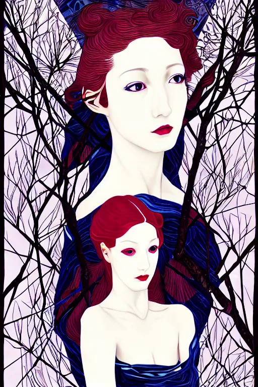 Prompt: triad of muses, representing the 3 winter months of december, january and february, style mix of æon flux, shepard fairey, botticelli, john singer sargent, pre - raphaelites, shoujo manga, harajuku fashion, stark landscape, ice, snow, branches, muted dark colors, superfine inklines, ethereal, 4 k photorealistic