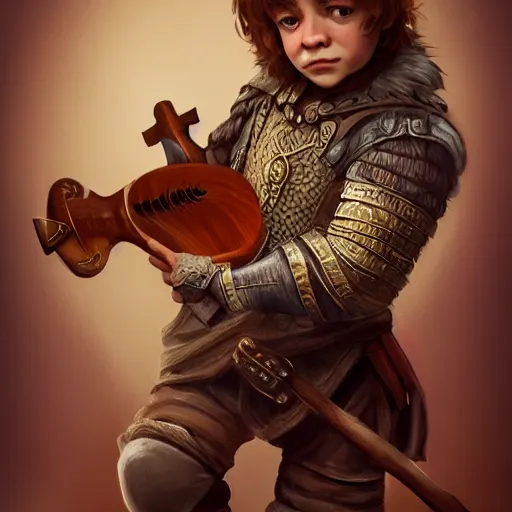 Prompt: realistic portrait of a halfling male holding a lute, happy, bard, short hair, intricate details, cinematic, photo, fantasy, medieval, trending on artstation, digital art, in the style of wizards of the coast