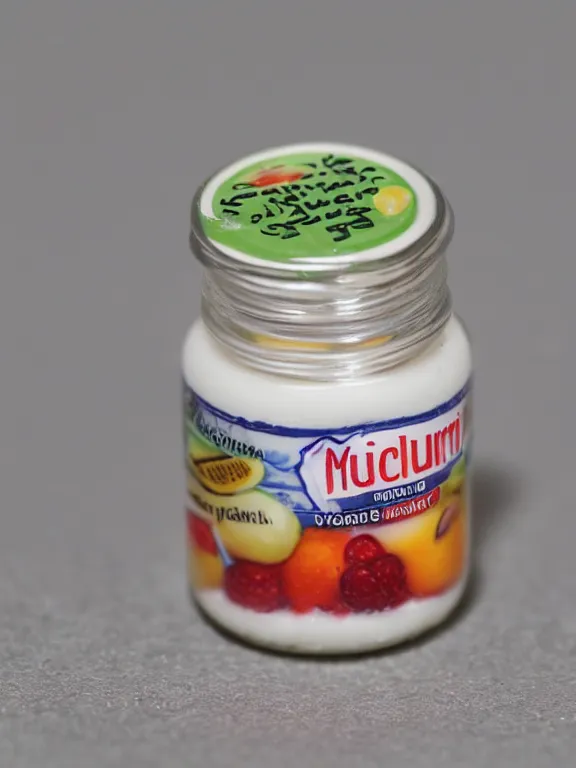 Prompt: 3 5 mm detailed miniature diorama of plastic jar of yogurt filled with fruits