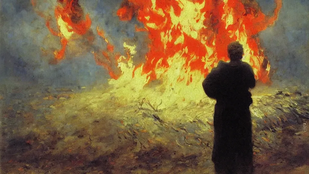 Image similar to high quality high detail painting by ilya repin, man standing in front of huge explosion, fire, flames, wind, hd