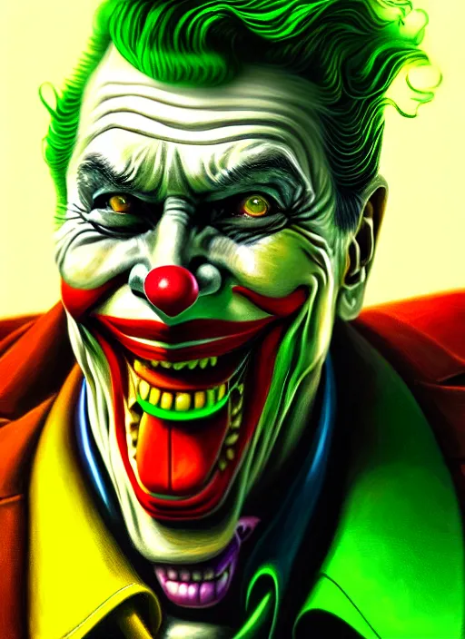 Image similar to portrait of ronald reagan as the joker, green hair, intricate, elegant, glowing lights, highly detailed, digital painting, artstation, concept art, sharp focus, illustration, art by wlop, mars ravelo and greg rutkowski