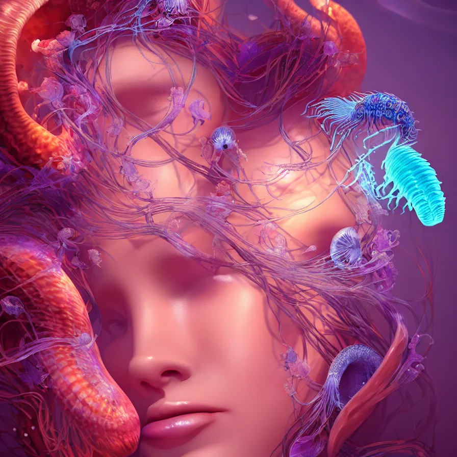 Image similar to goddess close-up portrait. orchid jellyfish phoenix head, nautilus, skull, betta fish, bioluminiscent creatures, intricate artwork by Tooth Wu and wlop and beeple. octane render, trending on artstation, greg rutkowski very coherent symmetrical artwork. cinematic, hyper realism, high detail, octane render, 8k