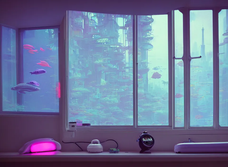 Image similar to telephoto 7 0 mm f / 2. 8 iso 2 0 0 photograph depicting the feeling of power in a cosy cluttered french sci - fi ( art nouveau ) pale cyberpunk apartment in a pastel dreamstate art cinema style. ( aquarium, shower, window ( city ), led indicator, lamp ( ( ( gym ) ) ) ), ambient light.