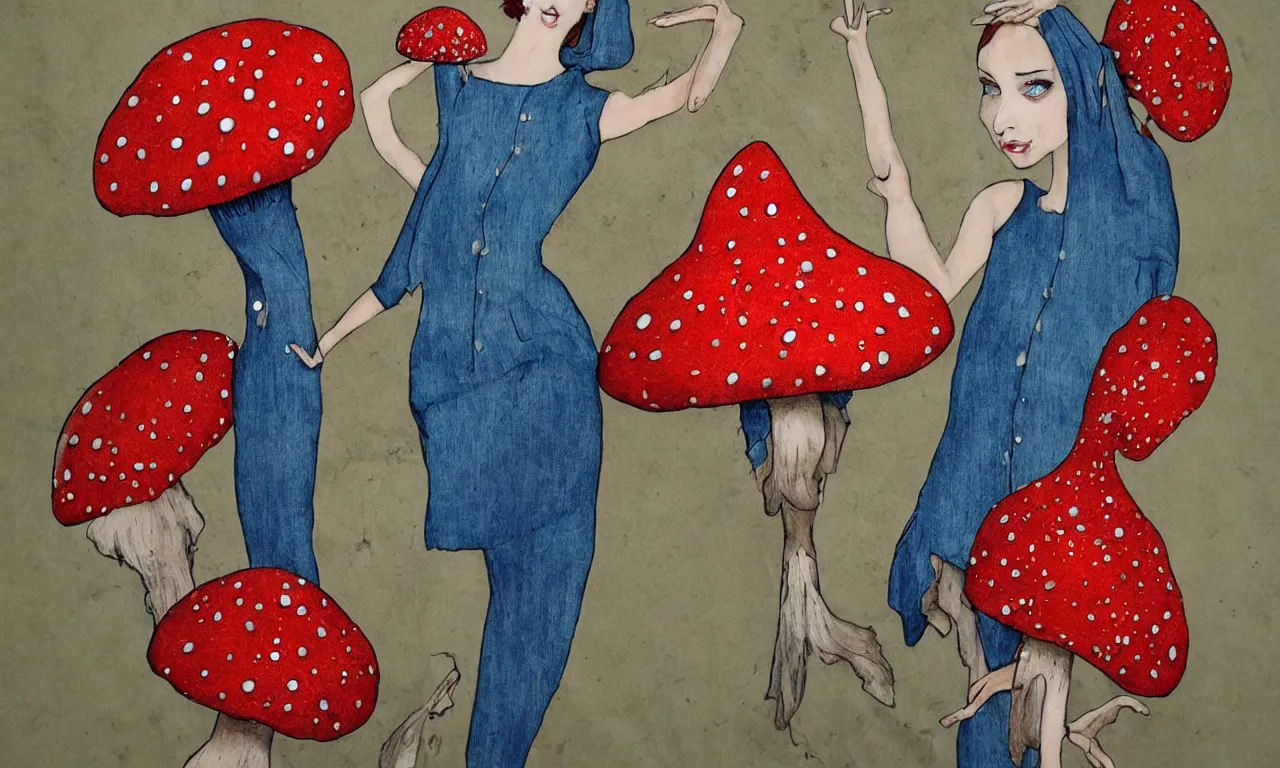 Image similar to beautiful anthropomorphic mushroom woman, buxom, silk, chiffon, patent leather, steel studs, denim, leather, jewels, amanita myscaria