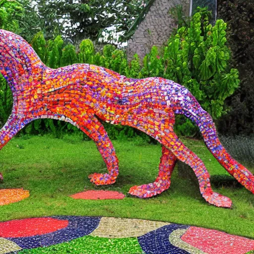 Prompt: garden containing very colorful textured variegated mosaic sculpture of a chimera, in the style of folk art