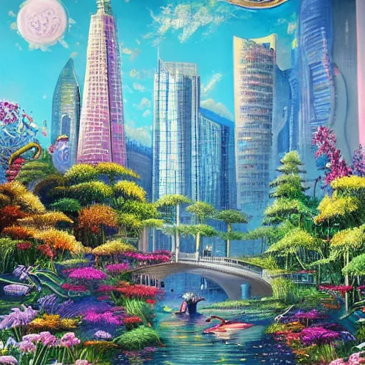 Image similar to Beautiful city of the future in harmony with nature. Beautiful detailed painting by Lurid. (2022)