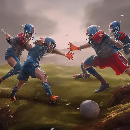 Image similar to fantasy landscape showing two football teams fighting each other on a pitch, high quality trending on artstation