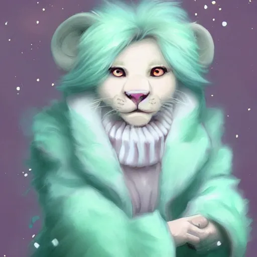 Prompt: aesthetic portrait commission of a albino male furry anthro lion cub popping floating bubbles while wearing a cute mint colored cozy soft pastel winter outfit, winter Atmosphere. Character design by charlie bowater, ross tran, artgerm, and makoto shinkai, detailed, inked, western comic book art, 2021 award winning painting