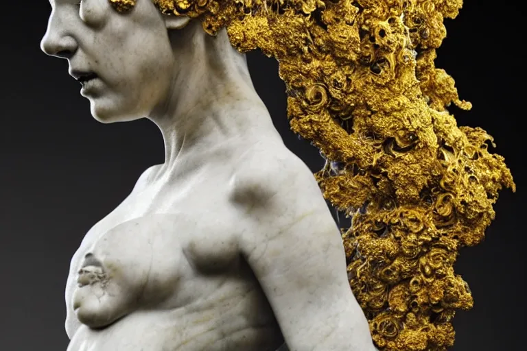 Prompt: a sculpture of a person with flowing golden tears, fractal flowers on the skin, intricate, a marble sculpture by nicola samori, behance, neo - expressionism, marble sculpture, apocalypse art, made of mist, still frame from the prometheus movie by ridley scott with cinematogrophy of christopher doyle, arri alexa, anamorphic bokeh, 8 k