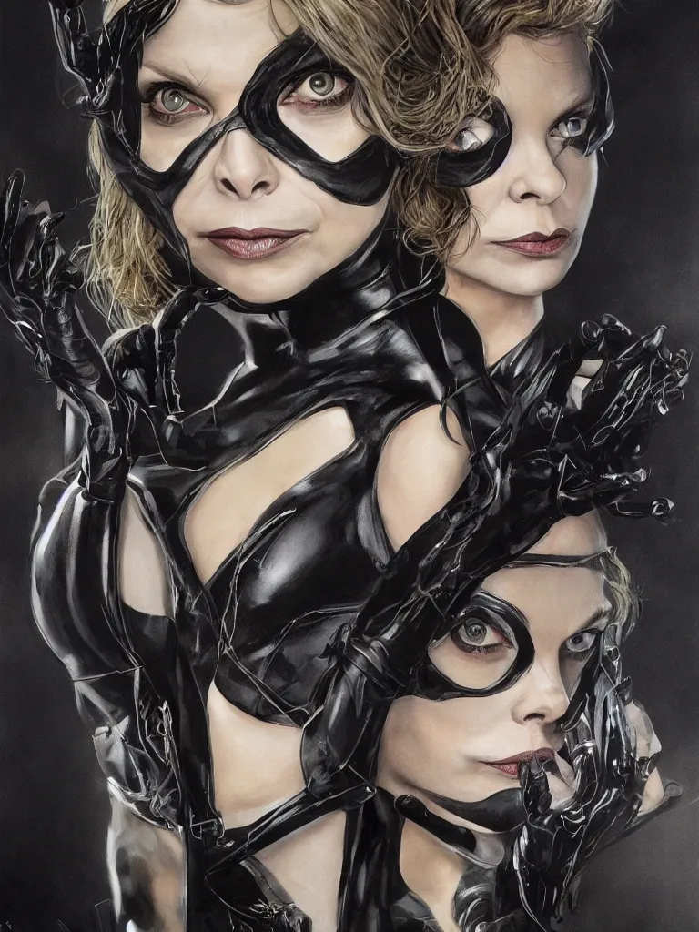 Image similar to full figure hyper realistic painting of young gorgeous michelle pfeiffer as catwoman in tim burton's batman film, hyper detailed, by clay mann, ayami kojima and greg rutkowski, trending on artstation, 3 light sources, rule of thirds, dutch angle