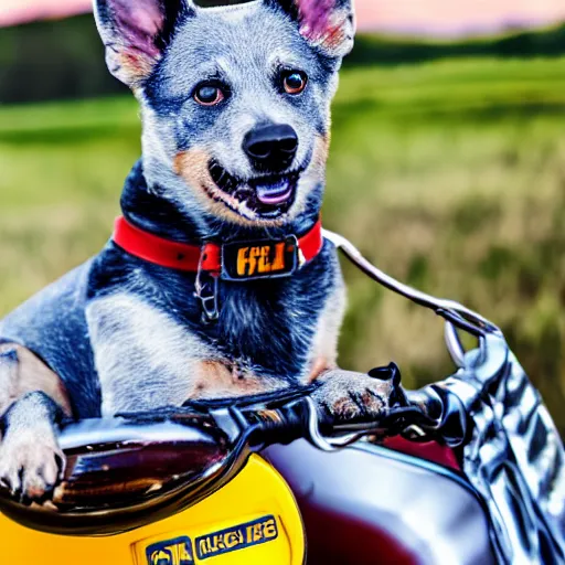 Image similar to blue heeler dog on a motorcycle, 8 k photography, blurred background of a wafflehouse