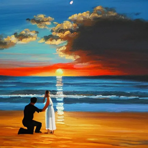 Prompt: man wearing white dress shirt kneeling and proposing to his fiance on a beach with a sunset, acrylic painting,