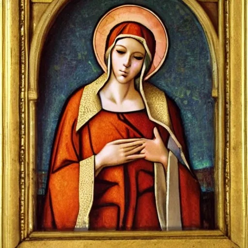 Image similar to christian art, mary holding a large pile of candy