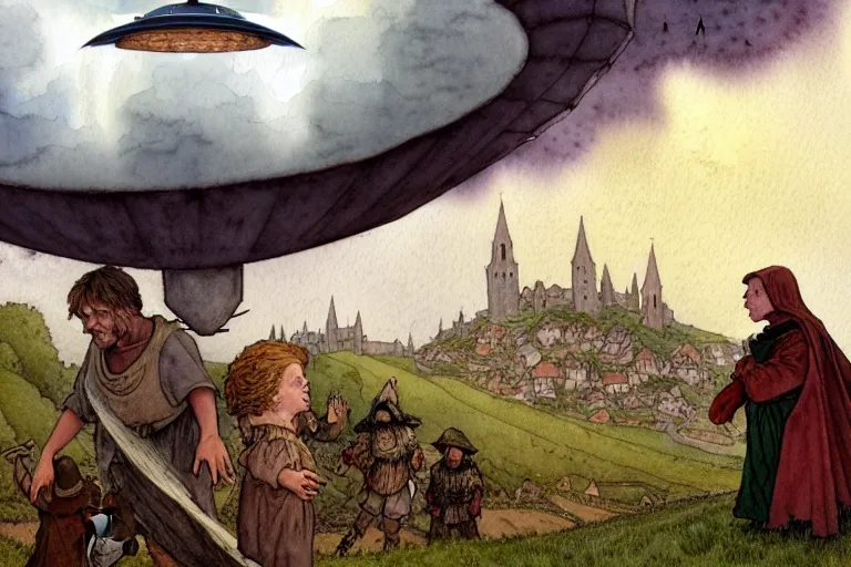 Image similar to a hyperrealist watercolor concept art of a scary ufo in the sky above a small medieval town during a thunderstorm. a dirty medieval peasant child is in the foreground pointg up at the sky. very muted colors, by rebecca guay, michael kaluta, charles vess. high detail, hq, wide shot, 4 k