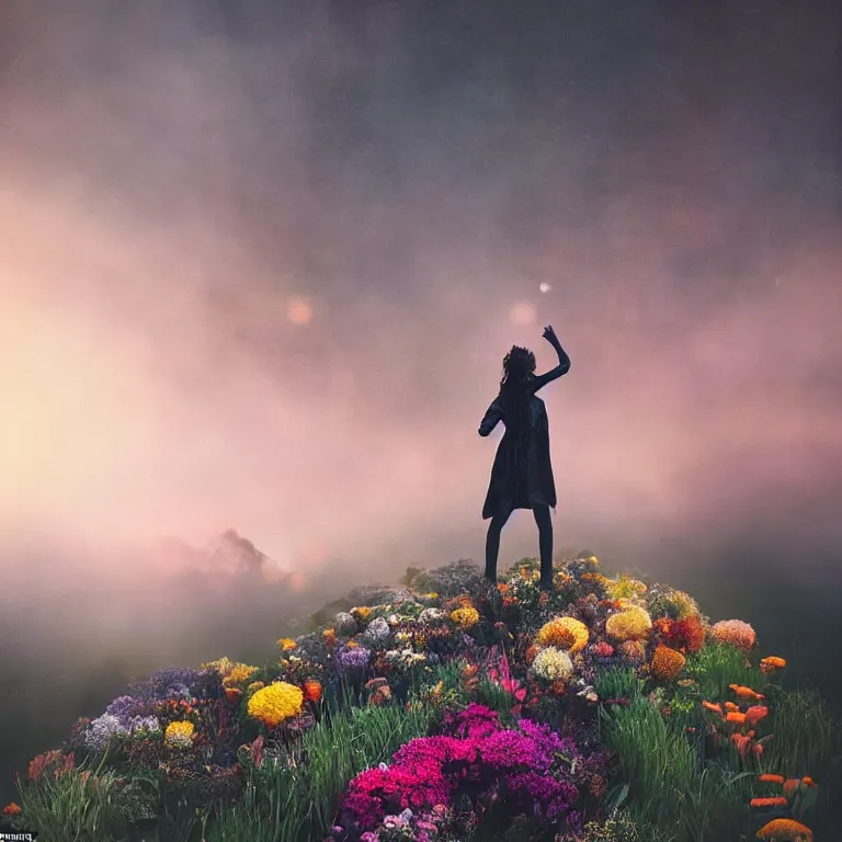 Image similar to a planet of various flowers, fungus and plants, in which the singular human figure is dressed in something magical and impressive, inside the picture is infinity, sunset light, Atmospheric phenomenon, artistic photography, muted colors, conceptual, long exposure outside the city, volumetric light