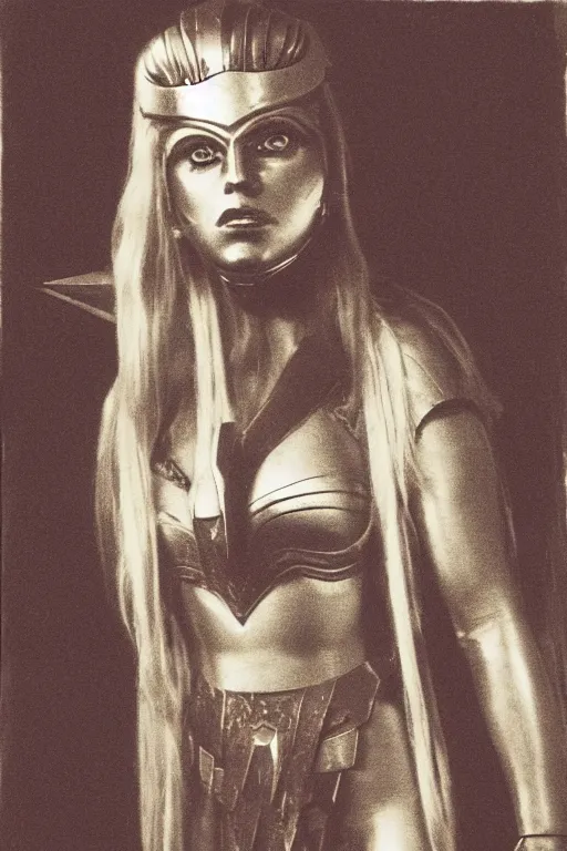 Prompt: she - ra, portrait, full body, symmetrical features, silver iodide, 1 8 8 0 photograph, sepia tone, aged paper, sergio leone, master prime lenses, cinematic