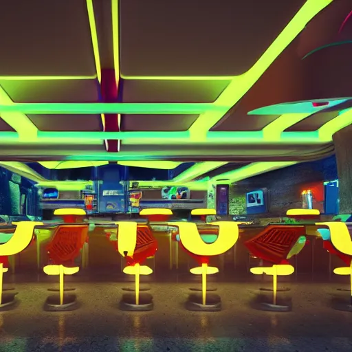 Prompt: “Futuristic McDonalds, octane render, vivid, neon, 8k, ultra realistic”