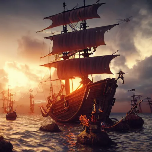 Image similar to sirens capturing a pirate ship, highly detailed, photorealistic portrait, bright studio setting, studio lighting, crisp quality and light reflections, unreal engine 5 quality render