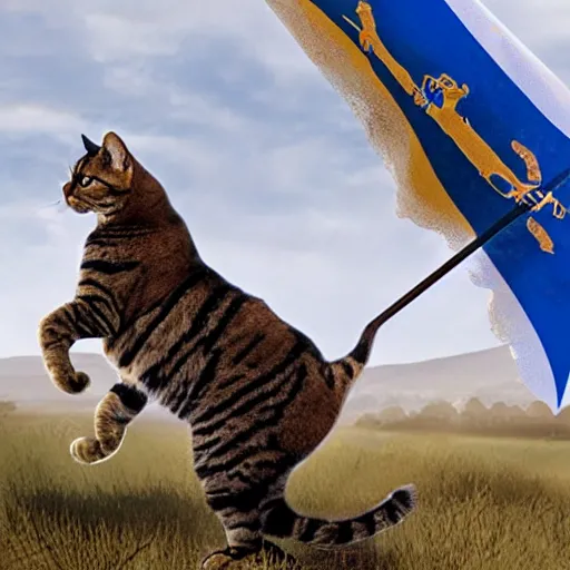 Prompt: a small warrior cat carrying his battle flag while riding a large cat steed that is galloping into battle