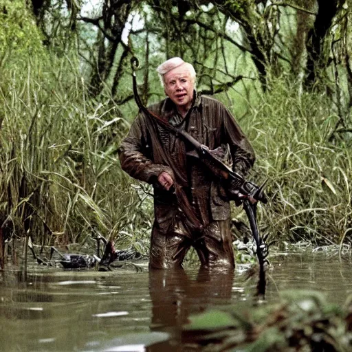 Prompt: film still of sir david attenborough as major dutch, covered in mud and hiding from the predator predator predator in swamp scene in 1 9 8 7 movie predator, hd, 4 k