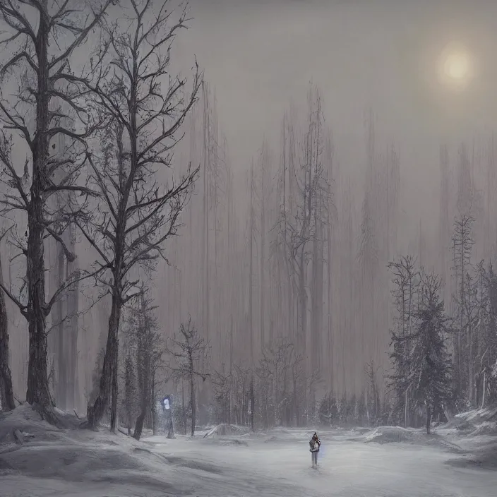 Image similar to a beautiful painting of winter in pripyat by simon stalenhag and zdzisław beksinski and rene magritte and greg rutkowski, in style of digital art. hyper detailed, sharp focus, soft light. unreal engine 5. ray tracing. trending on artstation