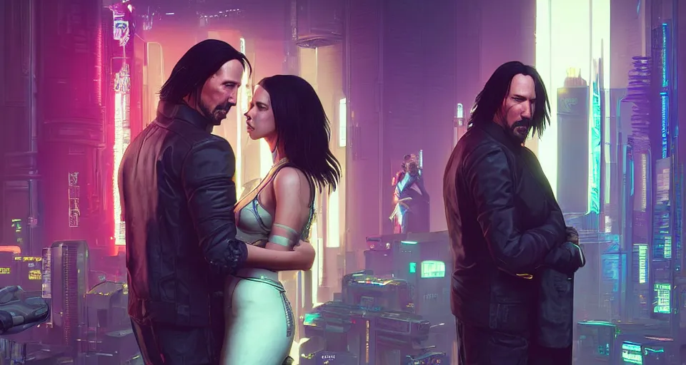 Image similar to a cyberpunk 2077 srcreenshot couple portrait of a Keanu Reeves and a female android in final kiss,love,film lighting,by Laurie Greasley,Lawrence Alma-Tadema,Dan Mumford,John Wick,Speed,Replicas,artstation,deviantart,FAN ART,full of color,Digital painting,face enhance,highly detailed,8K,octane,golden ratio,cinematic lighting