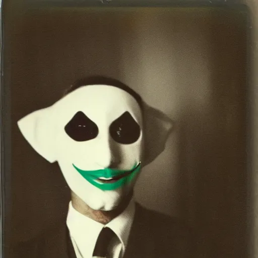 Prompt: a Polaroid photo of a man in a suit wearing a Venetian Pierrot mask