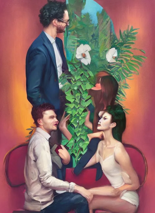 Image similar to an excited couple redefining love in a caffe surrounded by plants, expressionist painting by Francis Bacon and tom bagshaw, artstation