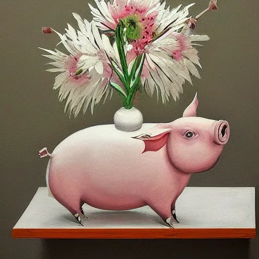 Prompt: “pig paintings and pig sculptures in a pig art gallery, pork, ikebana white flowers, white wax, pink wax, squashed berries, acrylic and spray paint and oilstick on canvas, by munch and Dali”