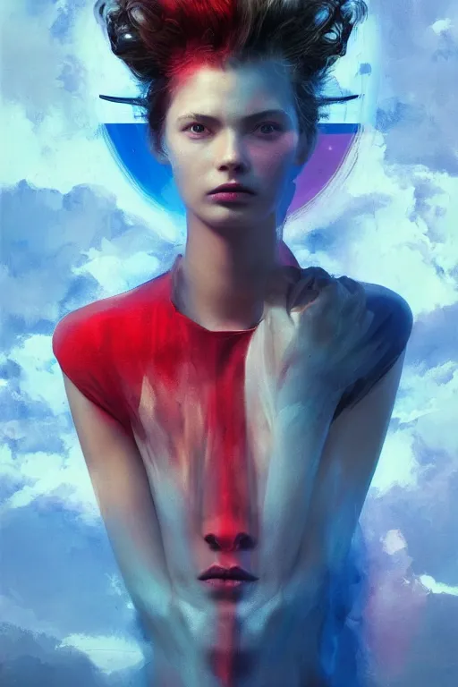 Prompt: 3 d, sci - fi, morning, sleepy fashion model face, sun, cinematic, lightning, clouds, vogue cover style, stanley kubrick, light red and deep blue mood, realistic painting, intricate oil painting, high detail, figurative art, multiple exposure, poster art, 3 d, by tooth wu and wlop and beeple and greg rutkowski