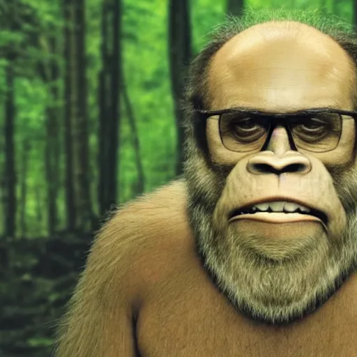 Image similar to photo of feral bigfoot cryptid danny devito in the woods