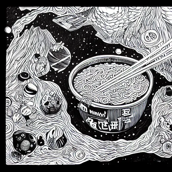 Prompt: a ramen foodcart on an asteroid at the end of the universe, cosmic and colorful pen drawing, deep colors