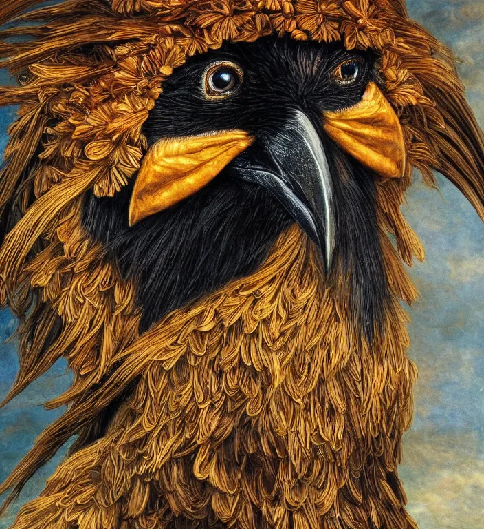 Image similar to a breathtakingly stunningly beautifully highly detailed portrait of a majestic raven, by rosetti and devinci and michael cheval and sidney cooper and turner, 4 k