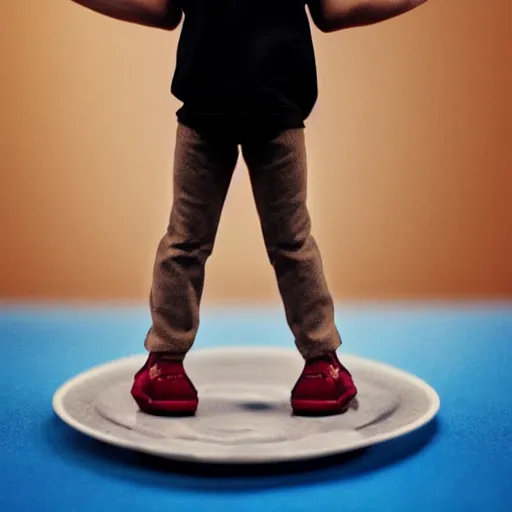 Image similar to close - up of a tiny!!! boy standing on a plate!!! and carrying a ( beachball - sized ) cherry in his arms, ultra realistic, highly detailed, sharp focus, cinematic lighting, mood lighting, realistic, vivid colors, photorealistic, artstation