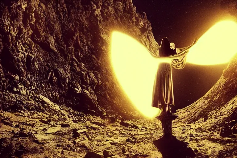 Prompt: levitating glowing woman with full - face golden mask in a dry rocky desert landscape, visible sky and sunny atmosphere, fata morgana giant mirrors, black star and alien space - ship in the sky by alejandro jodorowsky. christopher doyle and giger, anamorphic lens flares, kodakchrome, cinematic composition, practical effects, 8 k,