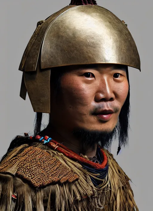 Image similar to tai warlord, closeup portrait, historical, ethnic group, traditional tai costume, bronze headset, leather shoulder armor, fantasy in