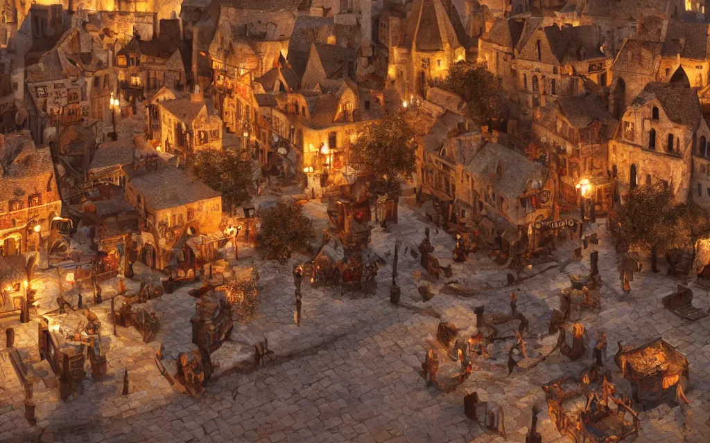 Prompt: at the square of a medieval french village made from chocolate a well in the center, arches, orange light, highly detailed, cinematic lighting, render, fantasy
