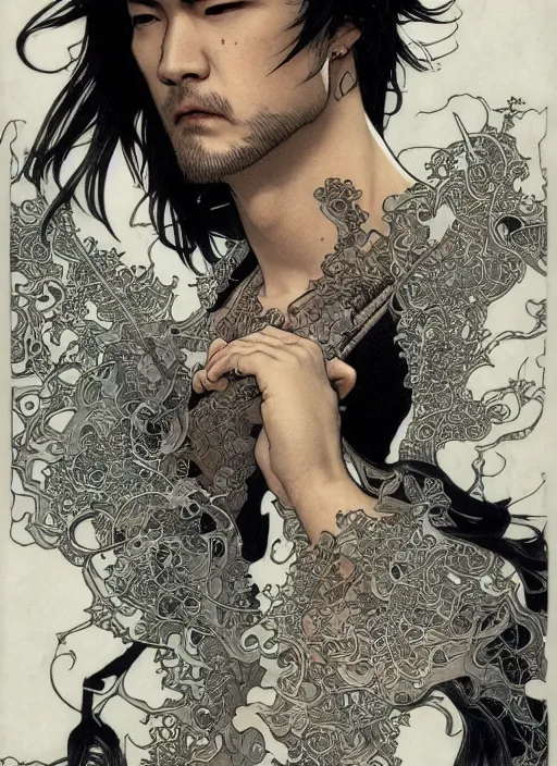 Prompt: detailed portrait of random shirt less yakuza card, dark and white, behance hd artstation, by moebius, alphonse mucha, ayami kojima, amano, greg hildebrandt, and mark brooks, masculine, male, art nouveau, neo - gothic, gothic, character concept design, dynamic light, stylised illustration, disco elysium