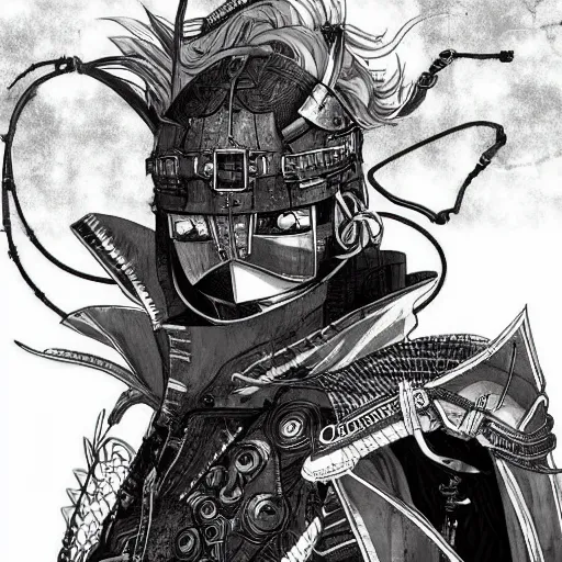 Prompt: a vertical portrait of a manga character in a scenic environment by nihei tsutomu, black and white, dreamy, steampunk armor, highly detailed