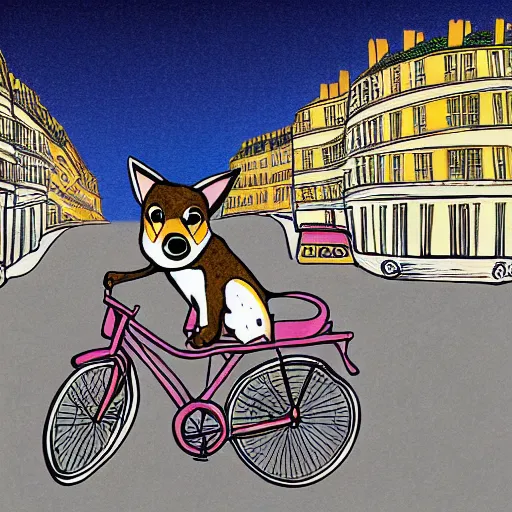 Image similar to illustration of a dog riding a bike in paris in the style of clement hurd