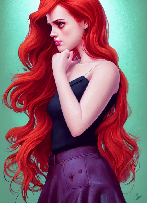 Image similar to full body portrait of teenage cheryl blossom, bangs, green eyes, sultry expression, red hair, sultry smirk, bangs and wavy hair, pink skirt, bangs, intricate, elegant, glowing lights, highly detailed, digital painting, artstation, concept art, smooth, sharp focus, illustration, art by wlop, mars ravelo and greg rutkowski