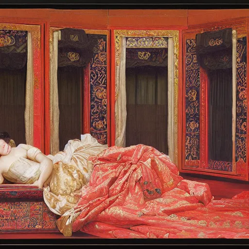 Image similar to the ornate bedchamber of a chinese princess, with screens and silks, by frederic leighton
