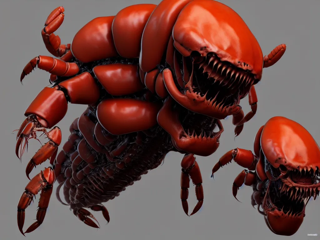 Image similar to doom, crustacean, isopod, muscular body, chiroptera head, chiroptera ears, big sharp teeth, hyperrealism, artstation, cgsociety, zbrush, no background