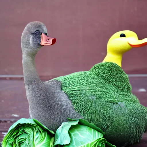 Image similar to a duck dressed as cabbage