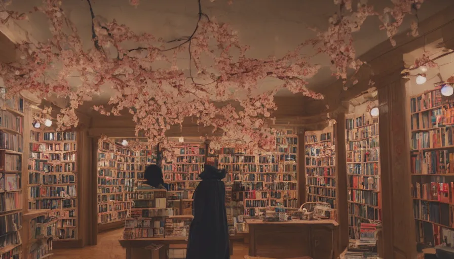 Image similar to a Wes Anderson 35mm film still of a very surreal magic bookshop with a minuature mountain city inside , apothecary, botanical garden, falling cherry blossom pedals, in the style of Gucci, glowing lights and floating lanterns, foggy atmosphere, crystals, rainy, moody, muted colors, magic details, very detailed, 8k, cinematic look, octane render, psychedelic,