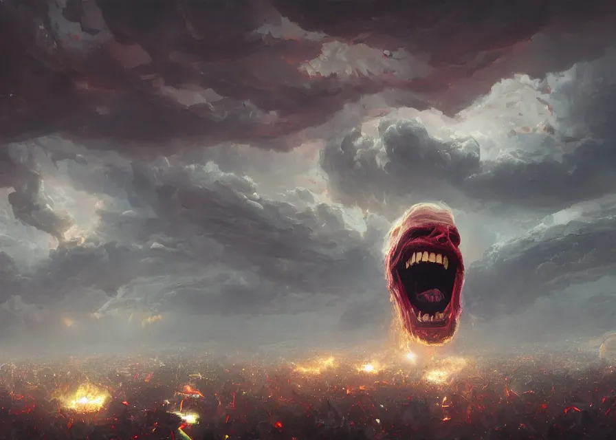 Prompt: large abstract painting of giant grinning evil dynamic Joe Biden head emerging from cosmic clouds at giant immense crowd of person army, trending on ArtStation, masterpiece, by Greg Rutkowski, by Ross Tran, by Fenghua Zhong, octane, lightbeam eyes, oil on canvas, moody lighting, lights beaming out of eyes, cinematic, professional environment concept art