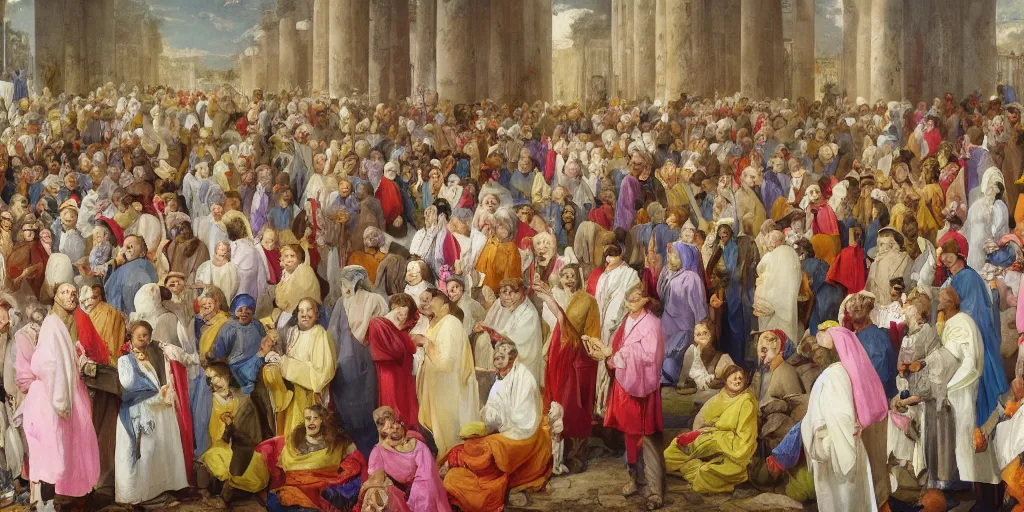 Prompt: a large crowd of smiling people staring at the camera in the foreground, white background, people wearing robes, extreme details, vibrant colors, highly detailed people