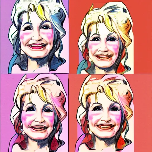 Image similar to dolly parton character sheet, illustration, sketch, portrait, gaudy colors, traditional painting, rough paper