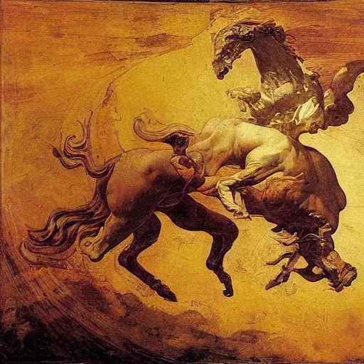 Image similar to Tragic Portrait of Phaethon the Demigod losing control of the chariot chariot that is the sun careening through the zodiac filled stratosphere Ilya Repin Michelangelo Buonarotti Leonardo Da Vinci masterpiece fresco quadratura Trompe-lœil