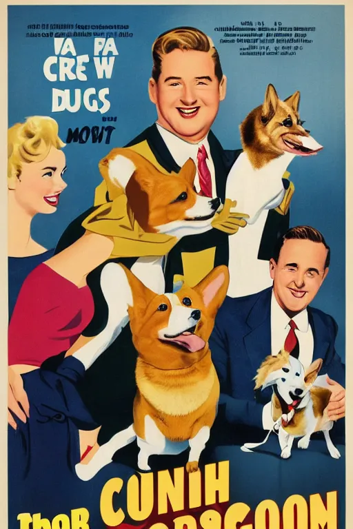 Image similar to a teaser poster of an american sitcom from the 50s, the protagonist is a corgi dog, 1950, poster